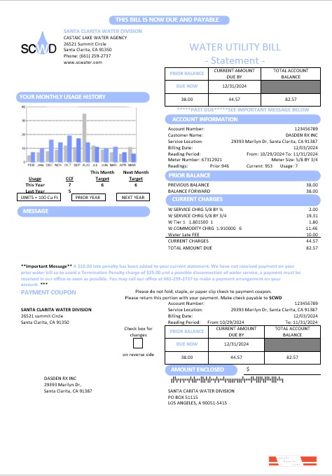 USA California Santa Clarita Water Division (SCWD) business utility bill template in Word and PDF formats